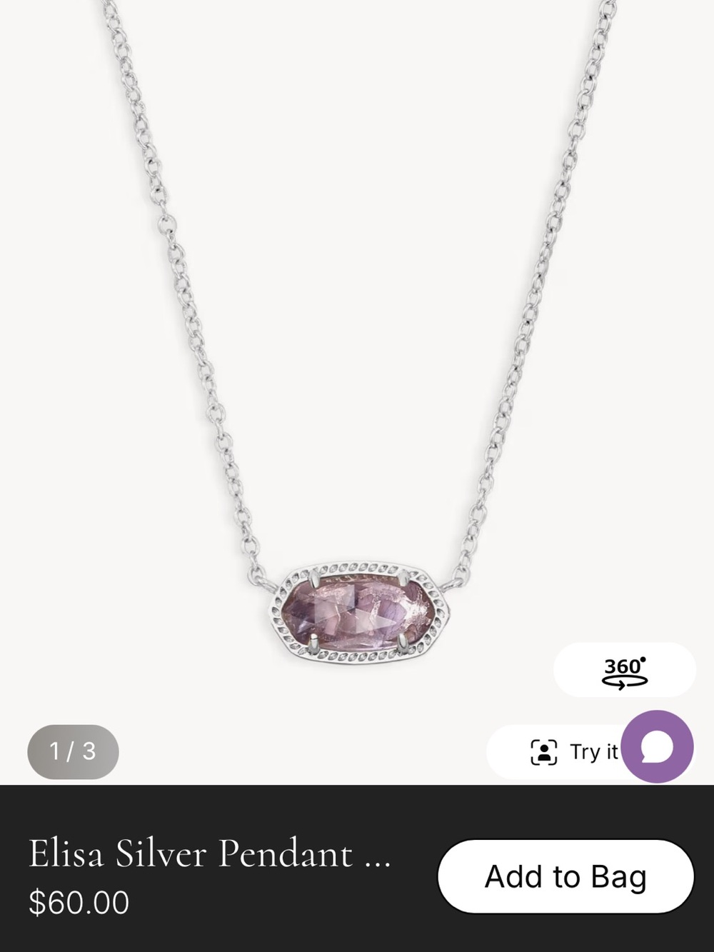Kendra Scott Elisa Silver Necklace with Light Lavender Stone